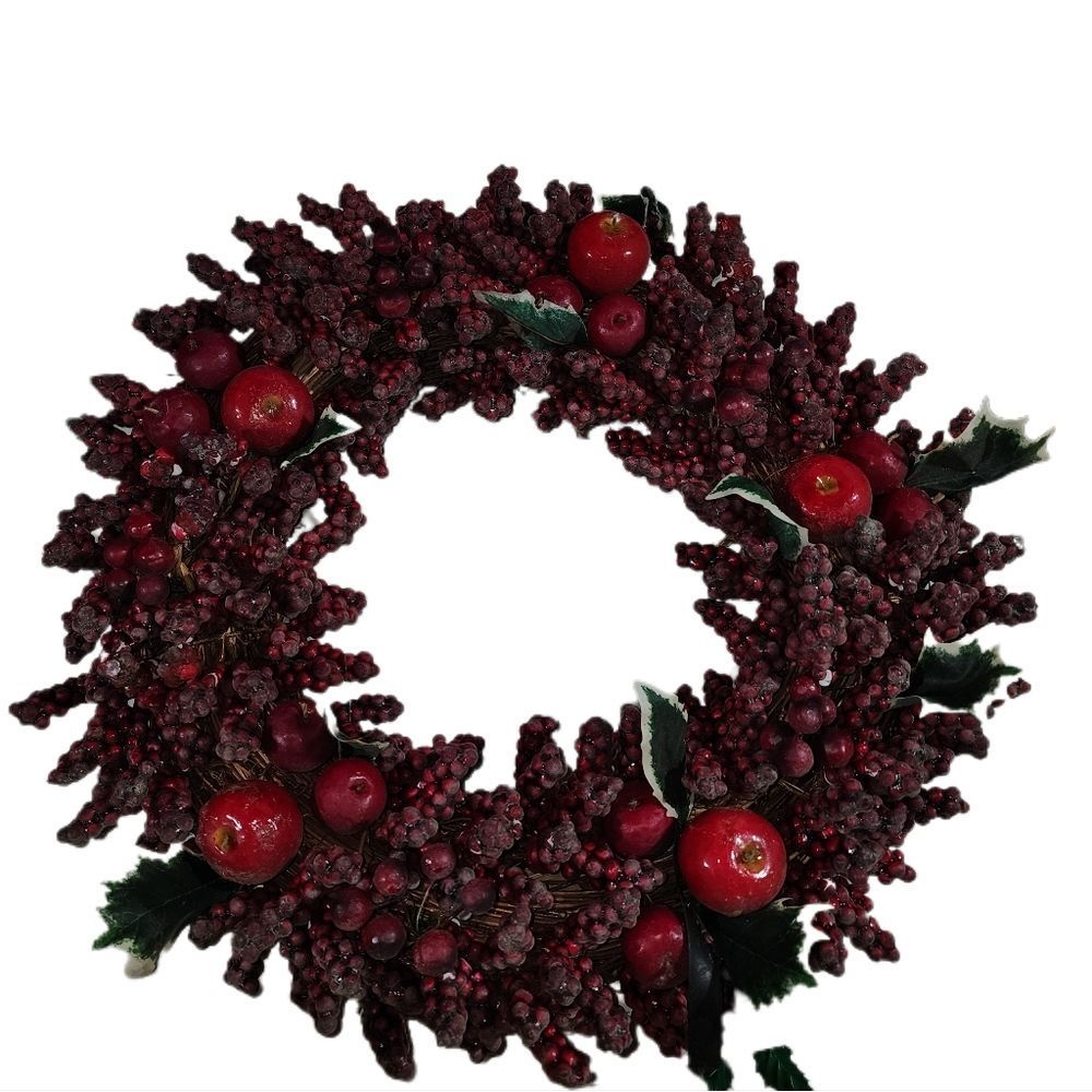 24" Christmas Wreath Burgundy Berries &  Apples Vintage